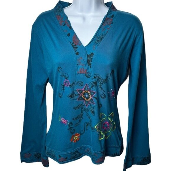 Unbranded Blue Floral Embroidered Bell Sleeve Top Artsy Bohemian Peasant M - Picture 2 of 12